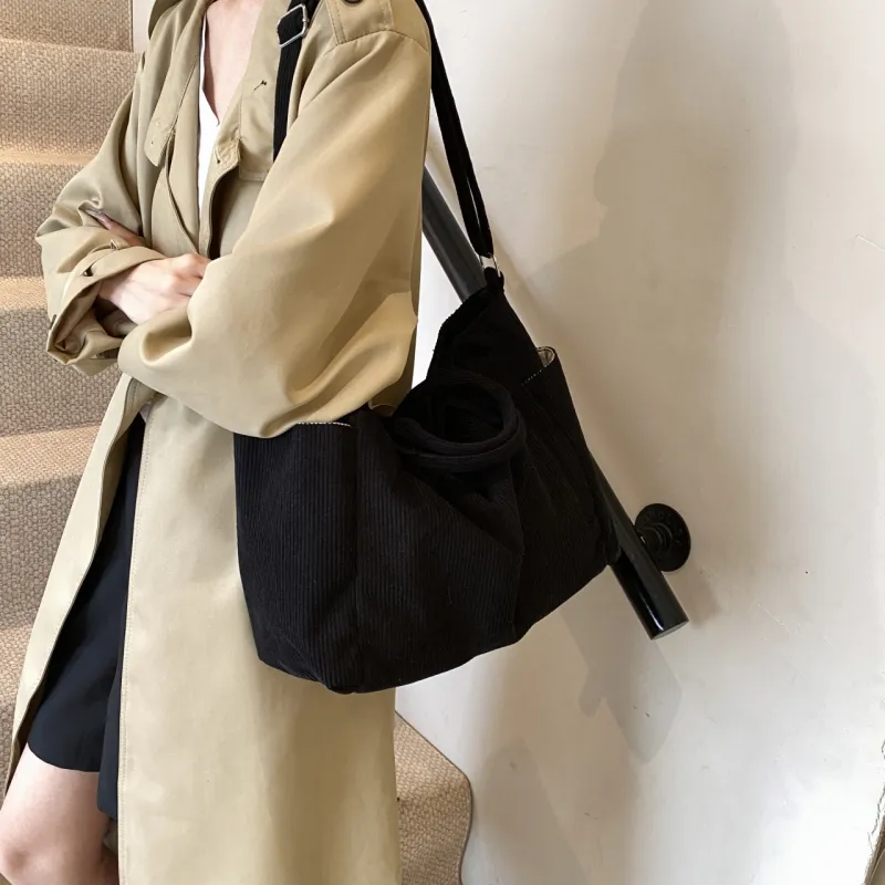 GOX Corduroy Tote Bag, Shopping Bag, Handbag, Shoulder Bag Women's White/Black/Jasper/Pink/Green-6