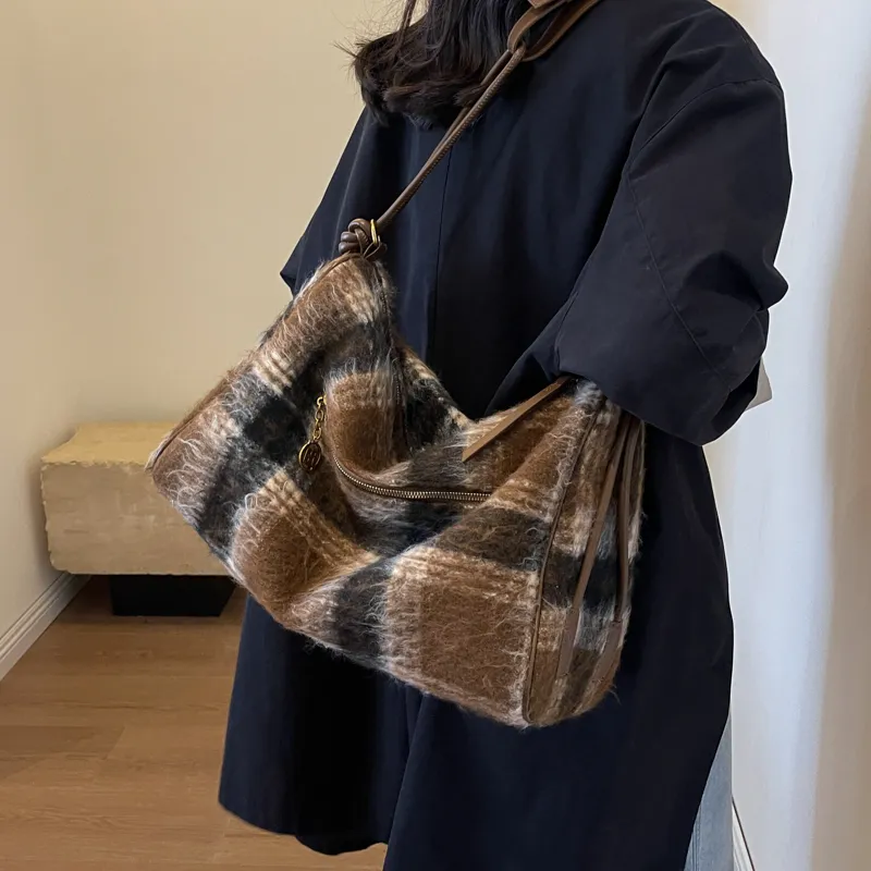 GOX Woolen Shoulder Bag, Crossbody Bag Women's Blue Plaid/Gray Plaid/Brown Plaid-15