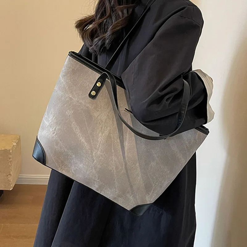 GOX PU Shoulder Bag Tote Regular Women's Denim Blue/Dark Tea/Light Gray-8