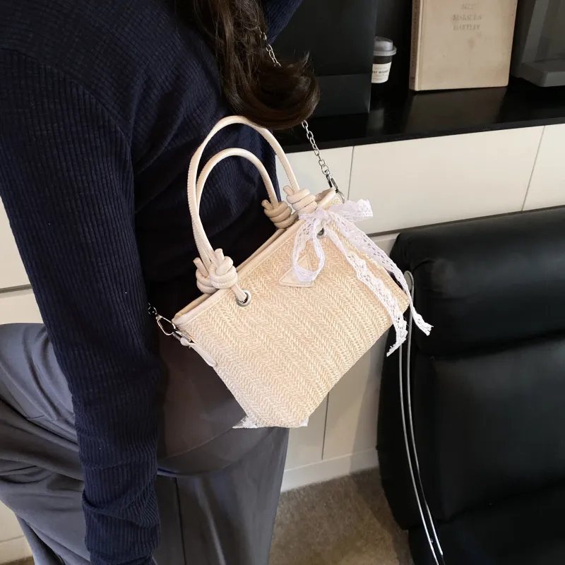 GOX PU With Straw Woven Crossbody Handbag Women's Ecru/Pink/Khaki-5