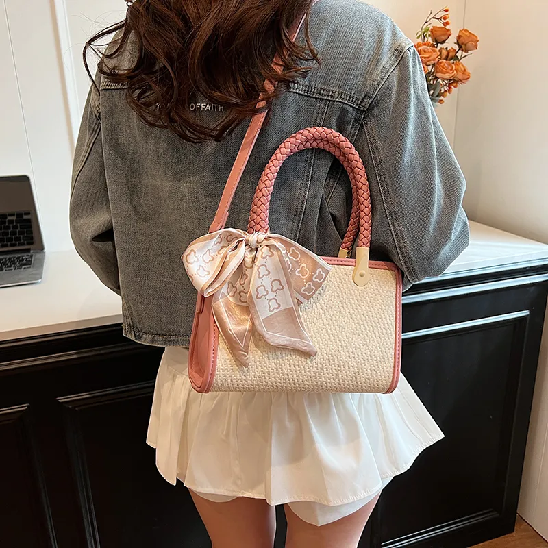 GOX PU With Straw Woven Shoulder Bag Women's Black/Pink/Khaki-9