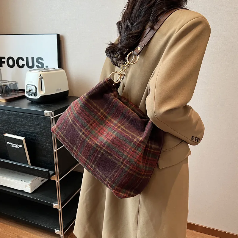 GOX Woolen Shoulder Bag Regular Women's Red Plaid/Green Plaid-3