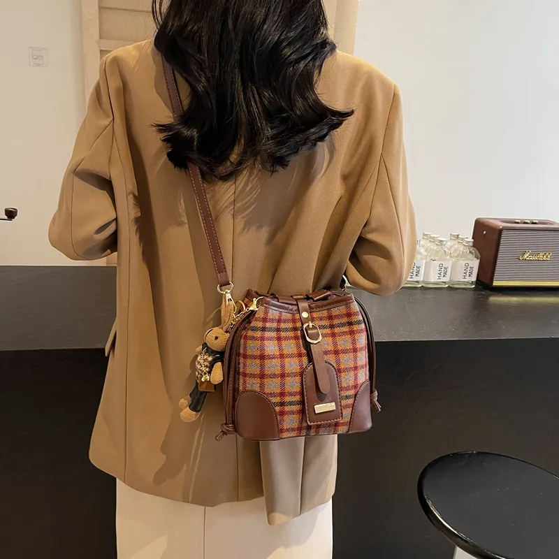 GOX Woolen Crossbody Bag Regular Women's Red Plaid/Blue Plaid/Black Plaid-3