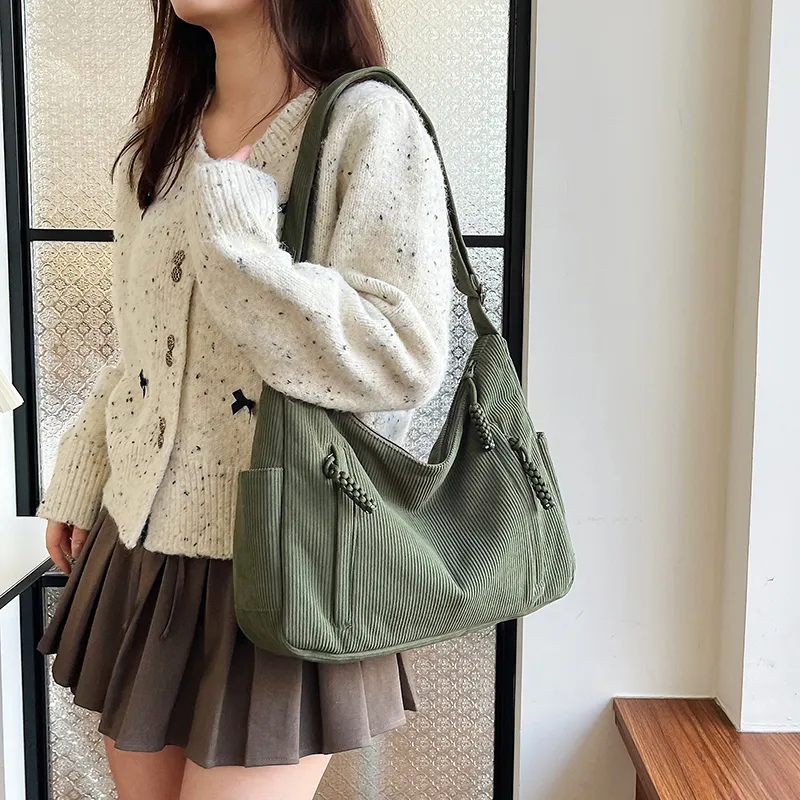 GOX Corduroy Shoulder Bag Regular Women's White/Black/Green/Khaki/Pink-8