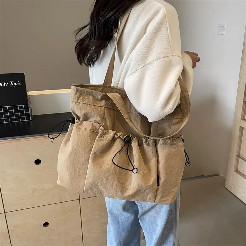 GOX Nylon Tote Bag, Shoulder Bag Regular Unisex Ecru/Black/Khaki/Green/Brown-12