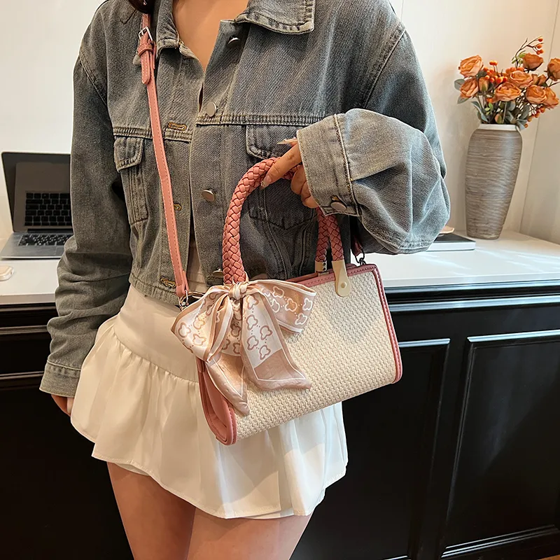 GOX PU With Straw Woven Shoulder Bag Women's Black/Pink/Khaki-11