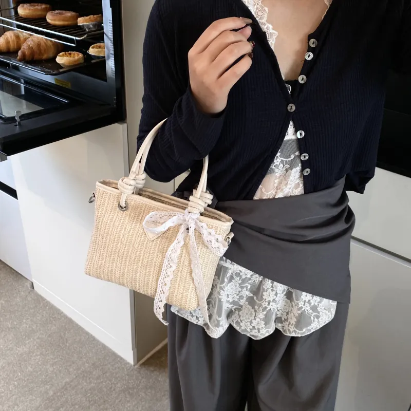 GOX PU With Straw Woven Crossbody Handbag Women's Ecru/Pink/Khaki-2