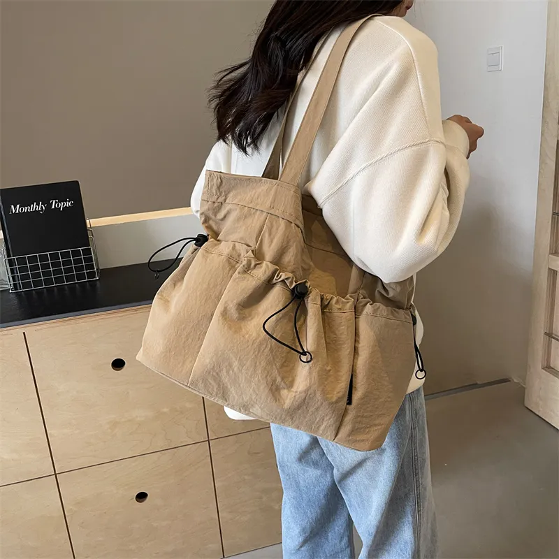 GOX Nylon Tote Bag, Shoulder Bag Regular Unisex Ecru/Black/Khaki/Green/Brown-10