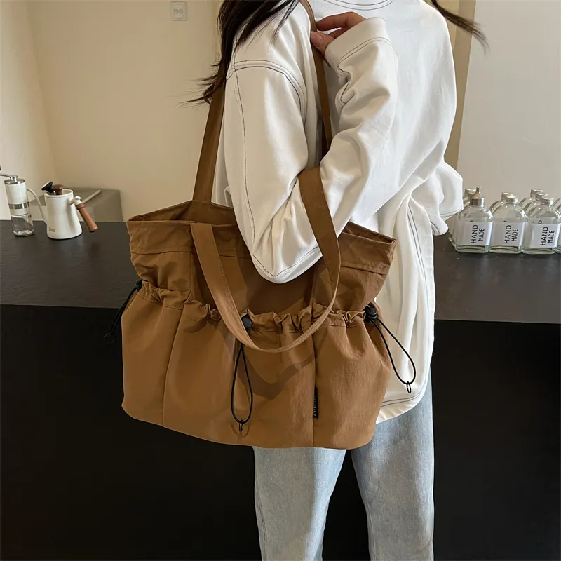 GOX Nylon Tote Bag, Shoulder Bag Regular Unisex Ecru/Black/Khaki/Green/Brown-18