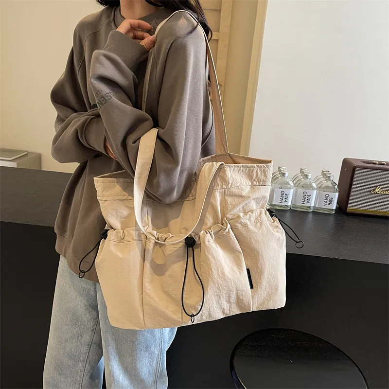 GOX Nylon Tote Bag, Shoulder Bag Regular Unisex Ecru/Black/Khaki/Green/Brown-4