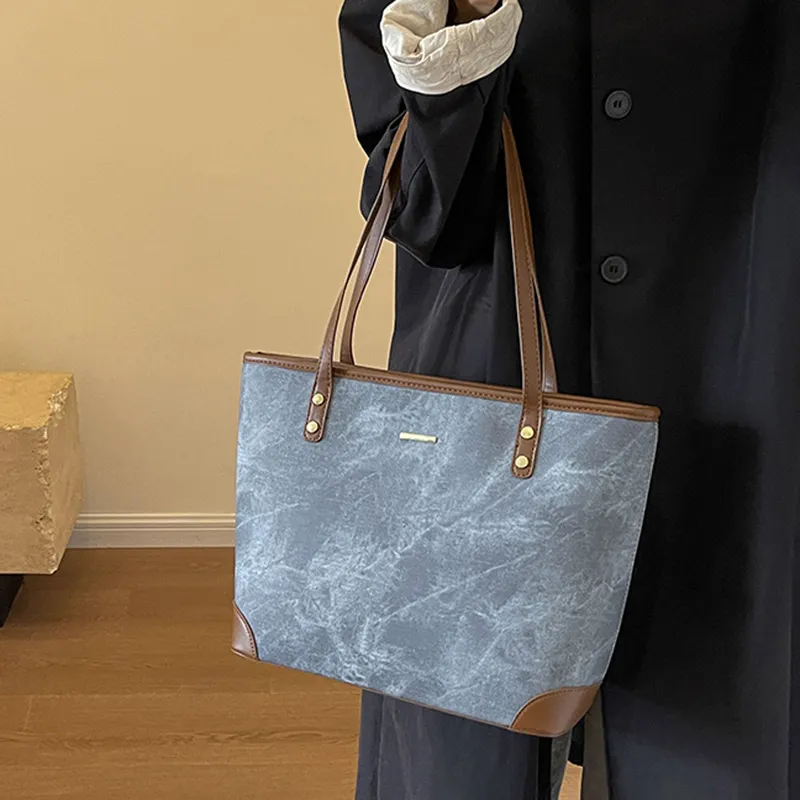 GOX PU Shoulder Bag Tote Regular Women's Denim Blue/Dark Tea/Light Gray-4