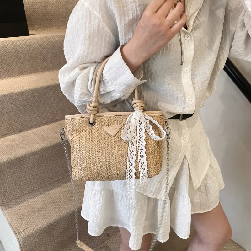 GOX PU With Straw Woven Crossbody Handbag Women's Ecru/Pink/Khaki-16