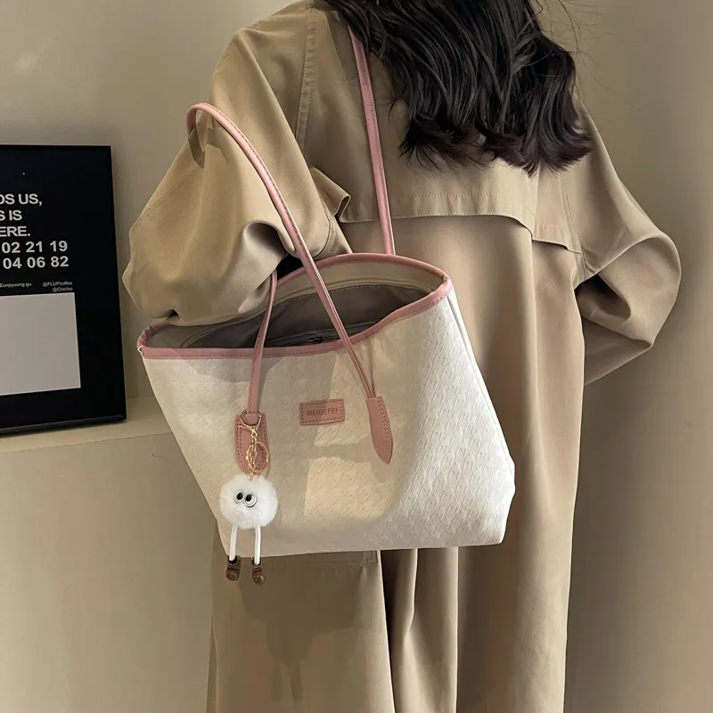 GOX PU Tote Bag, Shopping Bag, Shoulder Bag Women's White & Pink/Black/White & Coffee-1