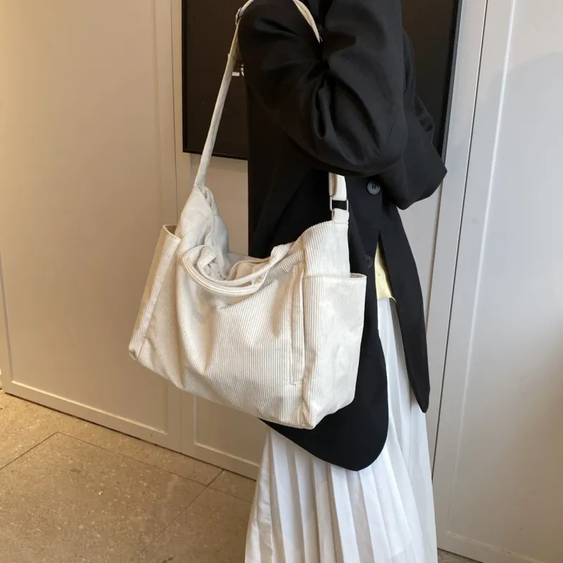 GOX Corduroy Tote Bag, Shopping Bag, Handbag, Shoulder Bag Women's White/Black/Jasper/Pink/Green-1
