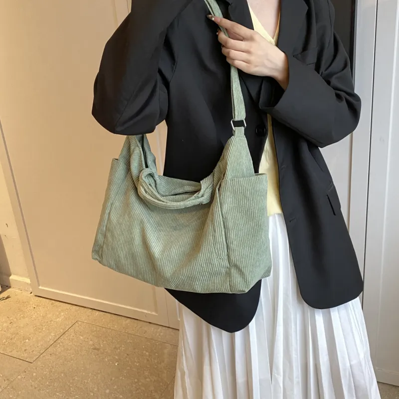 GOX Corduroy Tote Bag, Shopping Bag, Handbag, Shoulder Bag Women's White/Black/Jasper/Pink/Green-11
