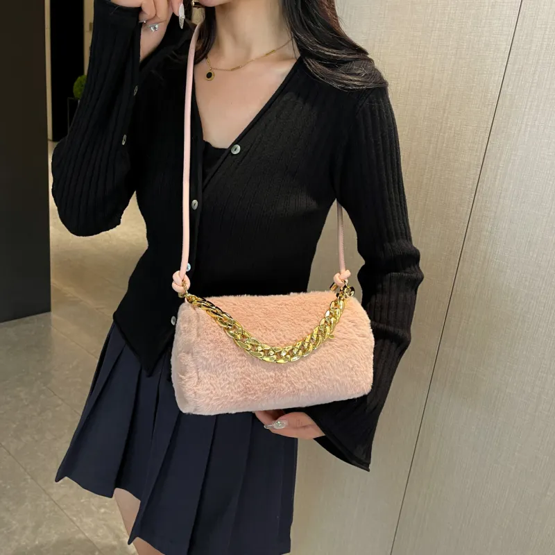 GOX Faux Fur Shoulder Bag Women's White/Black/Pink/Khaki-16