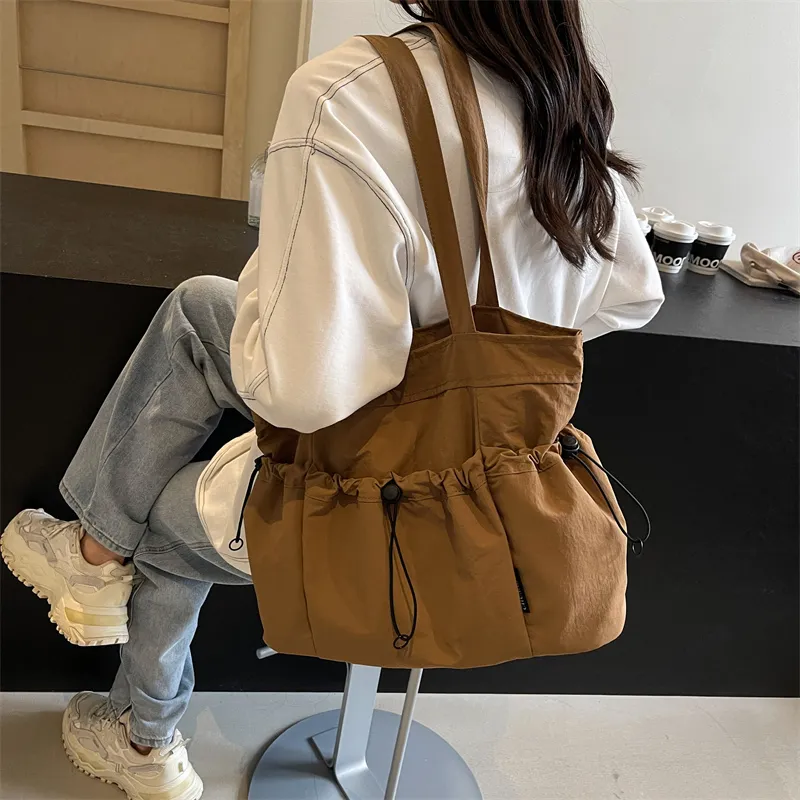 GOX Nylon Tote Bag, Shoulder Bag Regular Unisex Ecru/Black/Khaki/Green/Brown-17