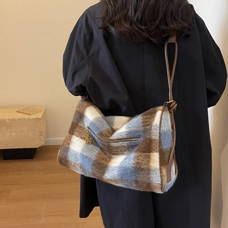 GOX Woolen Shoulder Bag, Crossbody Bag Women's Blue Plaid/Gray Plaid/Brown Plaid-5