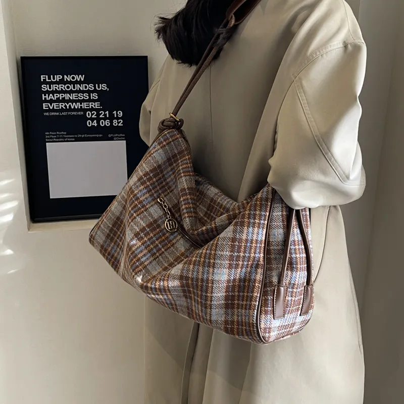 GOX Woolen Shoulder Bag, Crossbody Bag Women's Blue Plaid/Gray Plaid/Brown Plaid-11