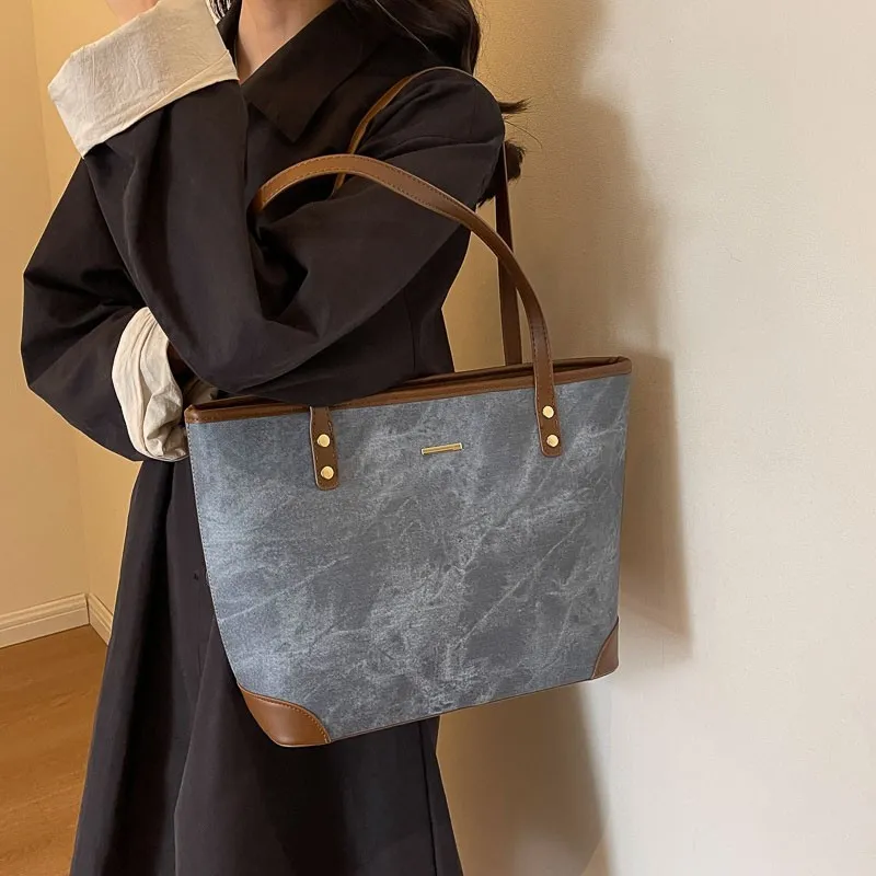GOX PU Shoulder Bag Tote Regular Women's Denim Blue/Dark Tea/Light Gray-3