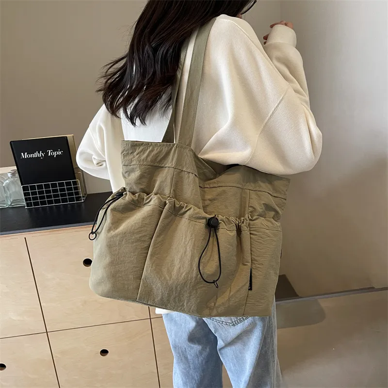 GOX Nylon Tote Bag, Shoulder Bag Regular Unisex Ecru/Black/Khaki/Green/Brown-22