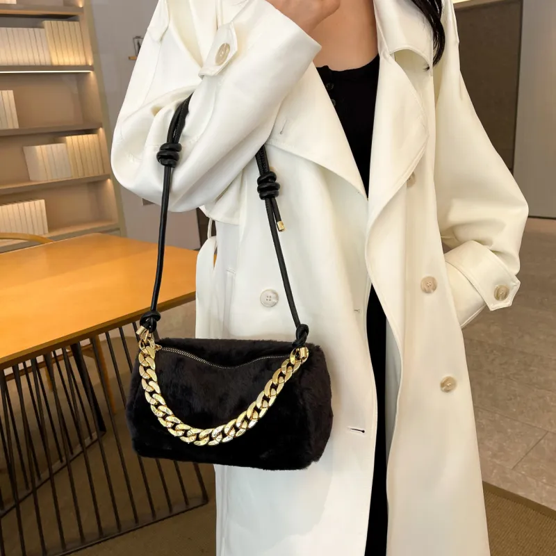 GOX Faux Fur Shoulder Bag Women's White/Black/Pink/Khaki-7