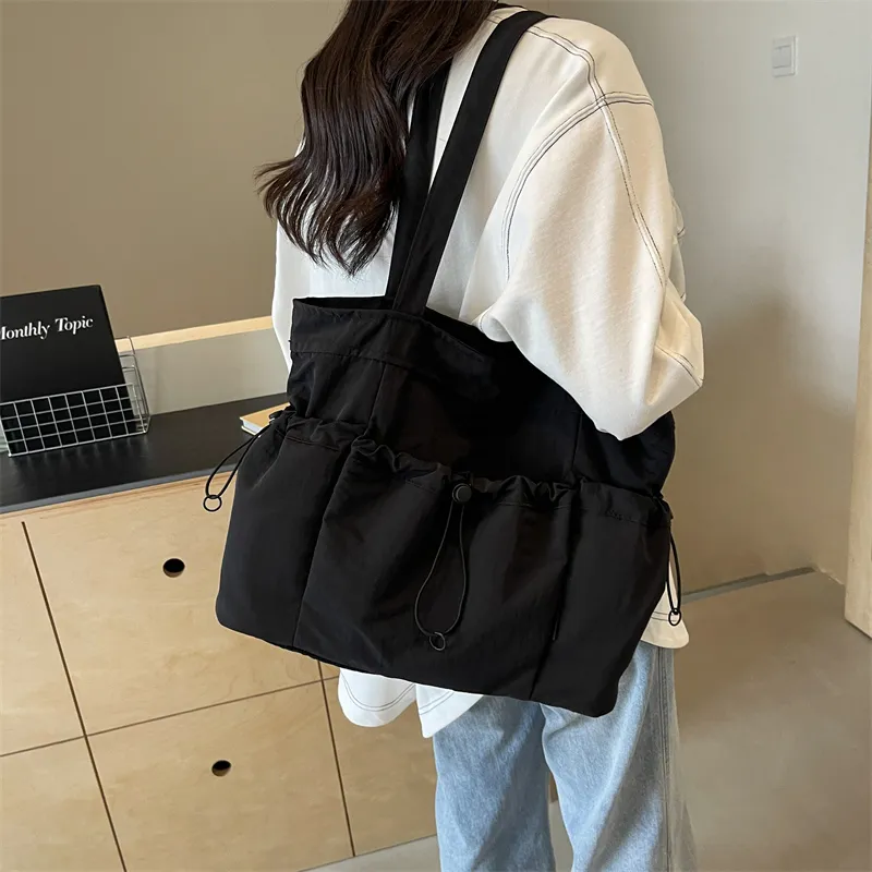 GOX Nylon Tote Bag, Shoulder Bag Regular Unisex Ecru/Black/Khaki/Green/Brown-7