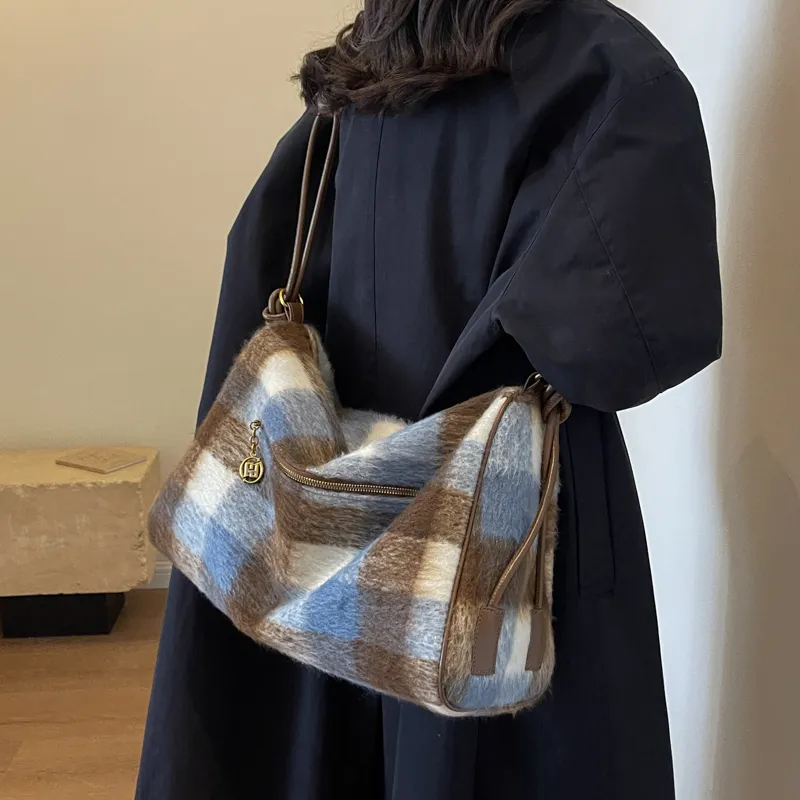 GOX Woolen Shoulder Bag, Crossbody Bag Women's Blue Plaid/Gray Plaid/Brown Plaid-3