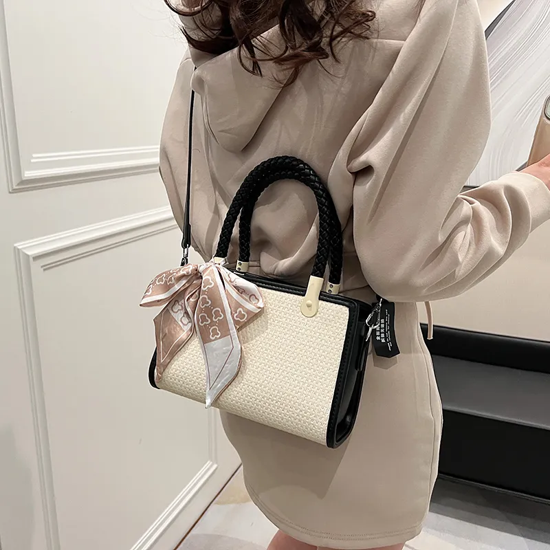 GOX PU With Straw Woven Shoulder Bag Women's Black/Pink/Khaki-5