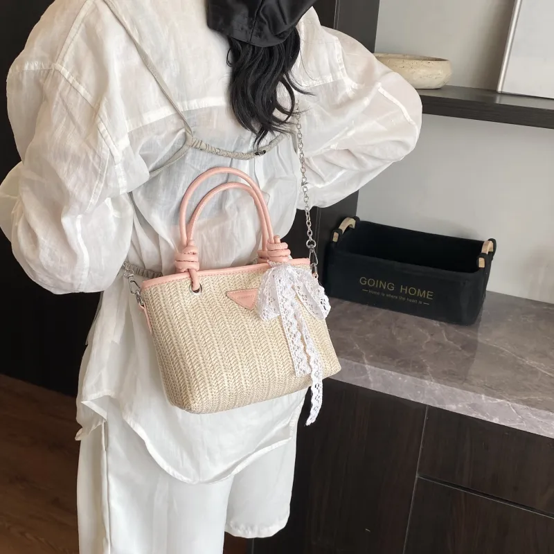 GOX PU With Straw Woven Crossbody Handbag Women's Ecru/Pink/Khaki-11