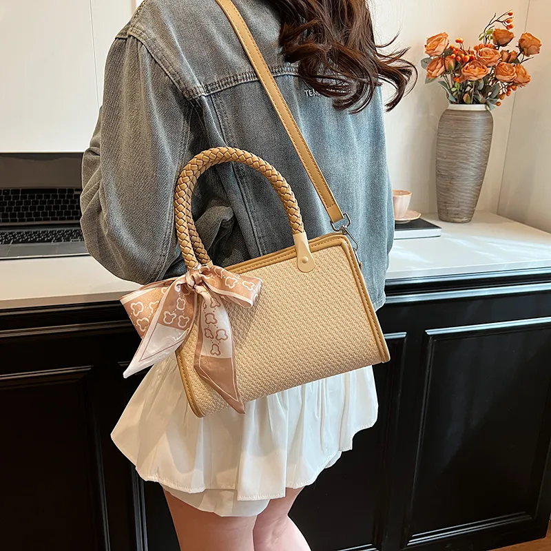 GOX PU With Straw Woven Shoulder Bag Women's Black/Pink/Khaki-14