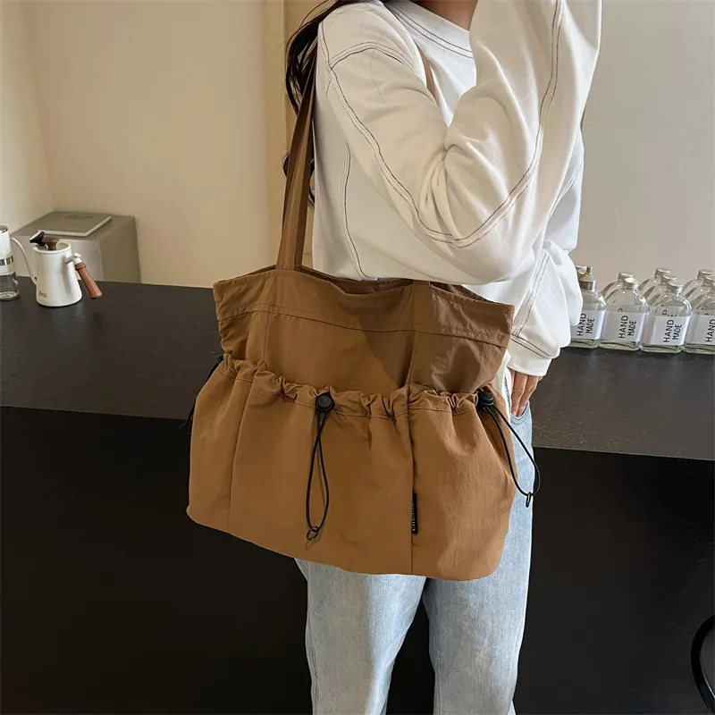 GOX Nylon Tote Bag, Shoulder Bag Regular Unisex Ecru/Black/Khaki/Green/Brown-16