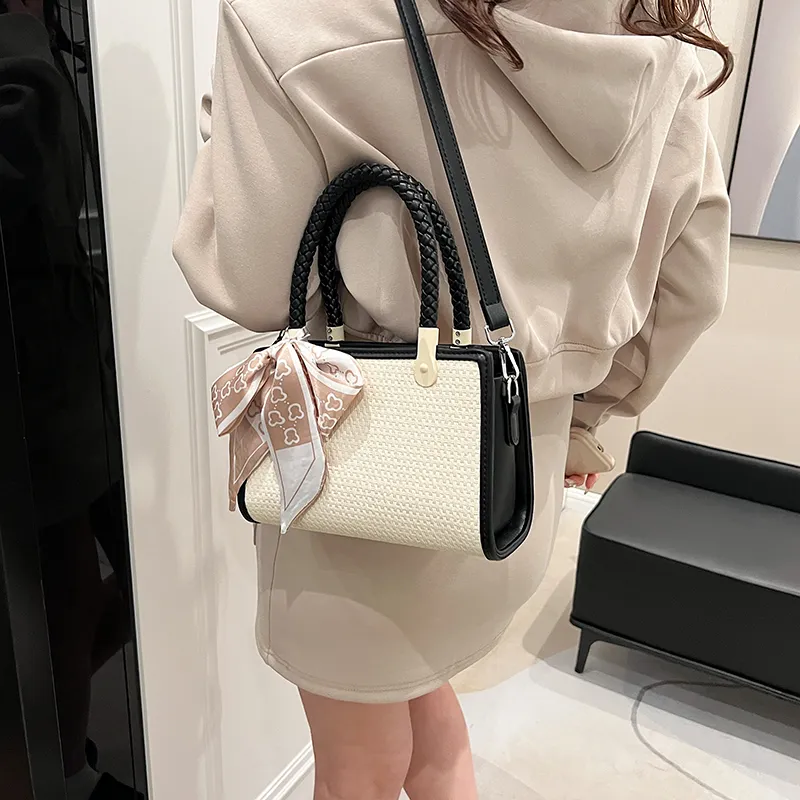 GOX PU With Straw Woven Shoulder Bag Women's Black/Pink/Khaki-3