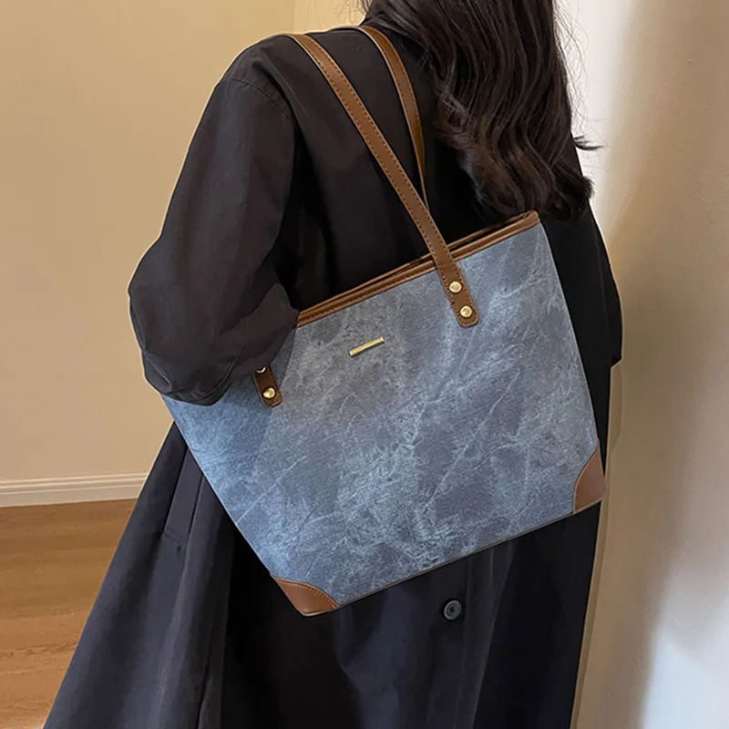 GOX PU Shoulder Bag Tote Regular Women's Denim Blue/Dark Tea/Light Gray-5