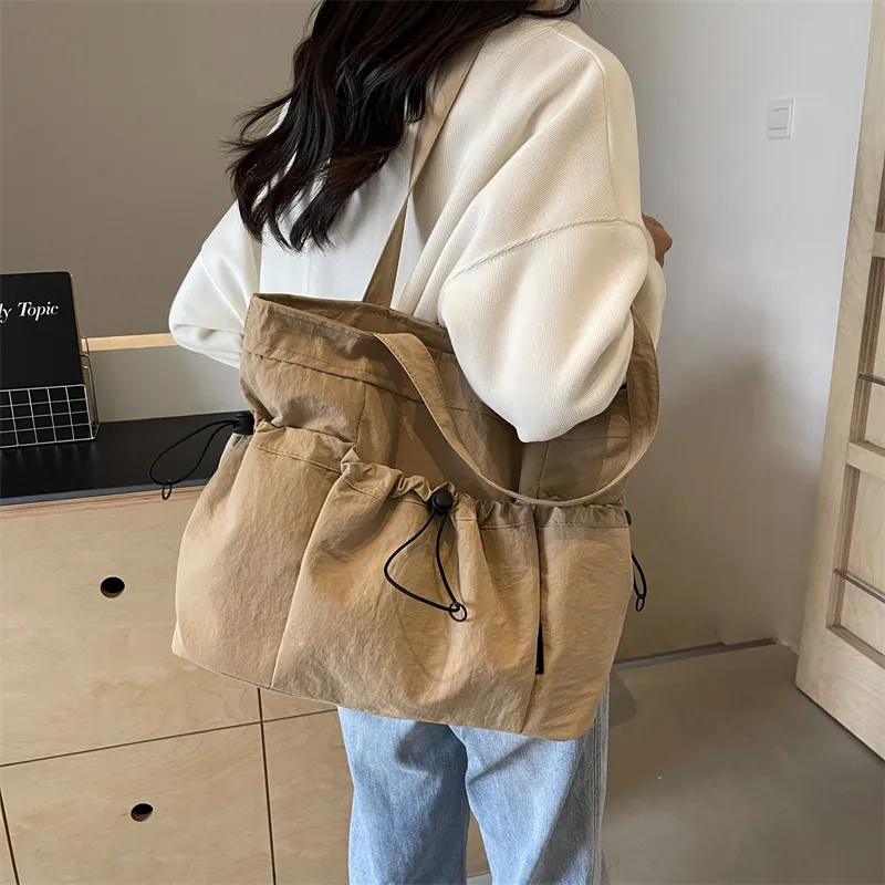 GOX Nylon Tote Bag, Shoulder Bag Regular Unisex Ecru/Black/Khaki/Green/Brown-13