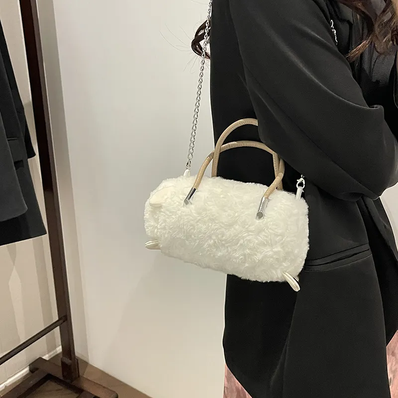 GOX Plush Shoulder Bag, Crossbody Bag, Handbag Regular Women's White/Black/Umber-4