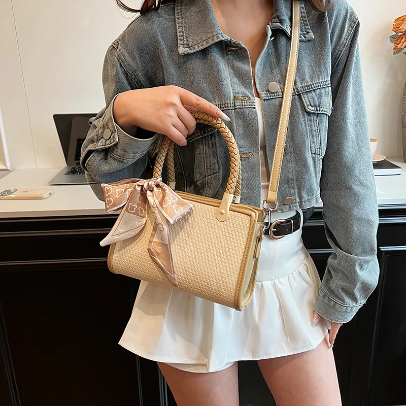 GOX PU With Straw Woven Shoulder Bag Women's Black/Pink/Khaki-16