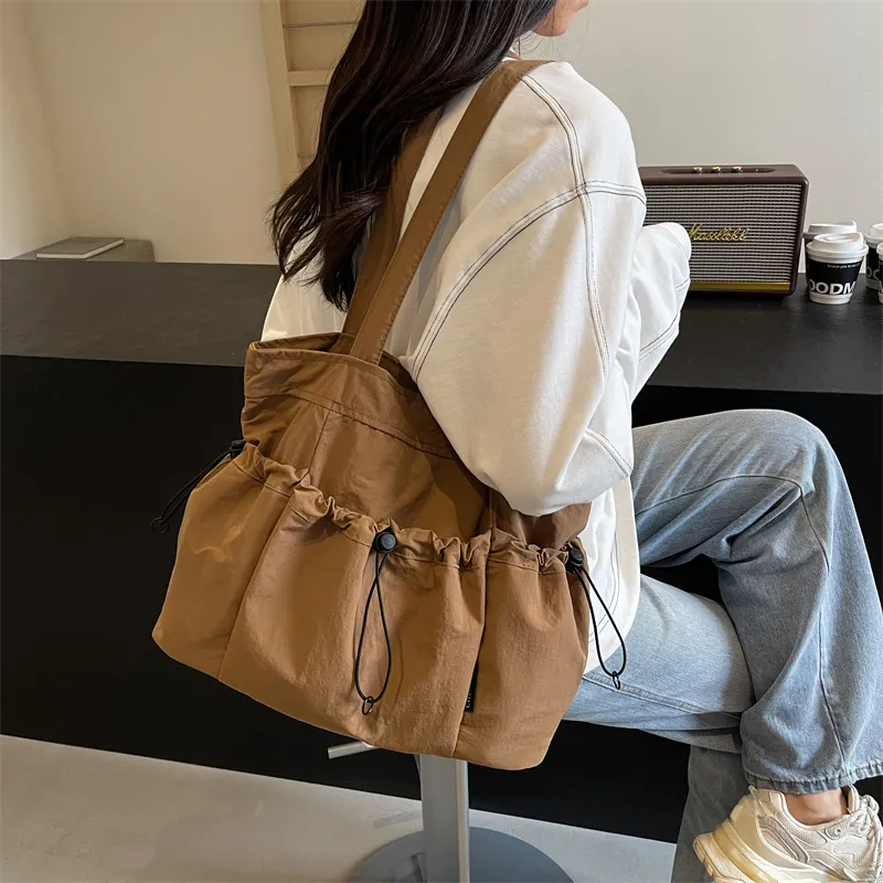 GOX Nylon Tote Bag, Shoulder Bag Regular Unisex Ecru/Black/Khaki/Green/Brown-15