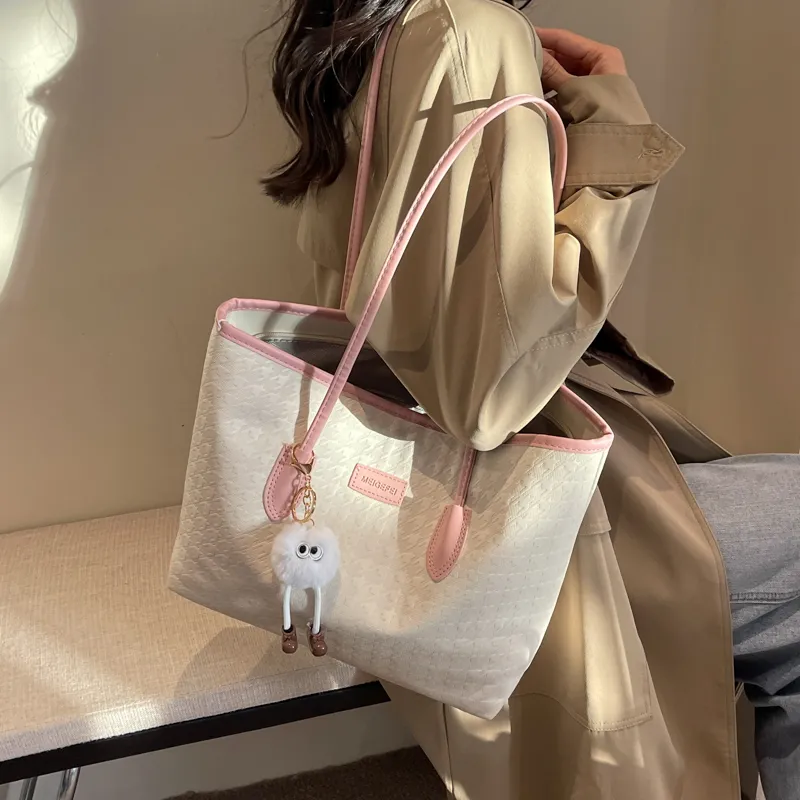 GOX PU Tote Bag, Shopping Bag, Shoulder Bag Women's White & Pink/Black/White & Coffee-3