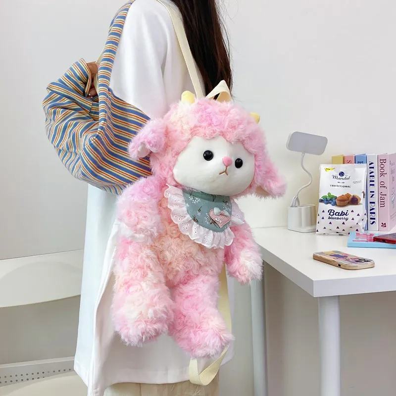 GOX Plush Backpack Women's Purple/Green/Pink/Black/White-13