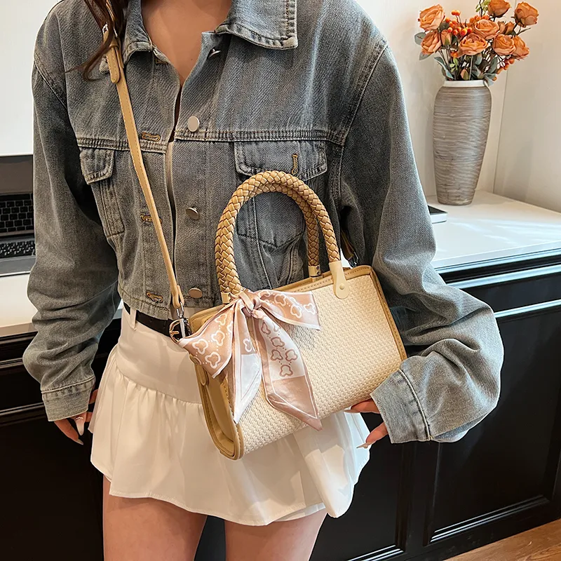 GOX PU With Straw Woven Shoulder Bag Women's Black/Pink/Khaki-15