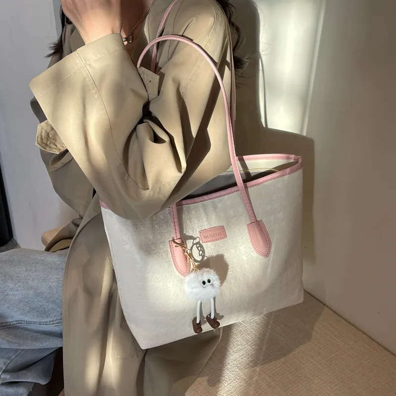 GOX PU Tote Bag, Shopping Bag, Shoulder Bag Women's White & Pink/Black/White & Coffee-2