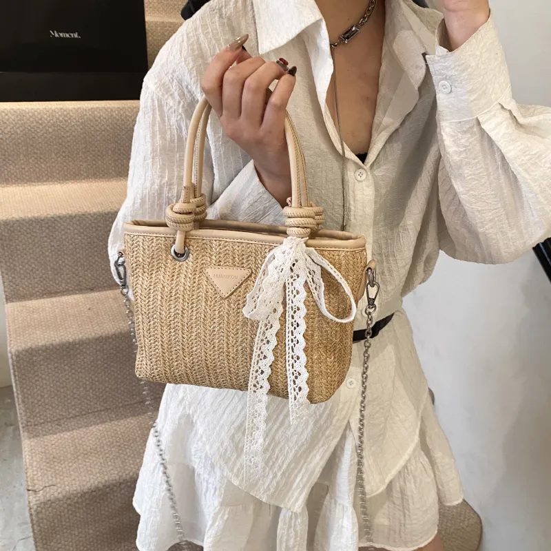 GOX PU With Straw Woven Crossbody Handbag Women's Ecru/Pink/Khaki-15
