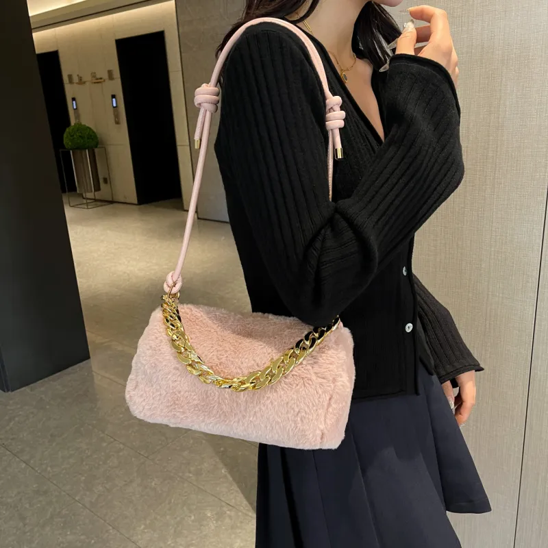 GOX Faux Fur Shoulder Bag Women's White/Black/Pink/Khaki-13