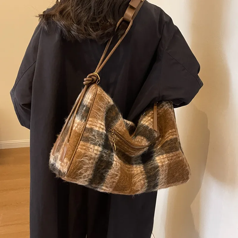 GOX Woolen Shoulder Bag, Crossbody Bag Women's Blue Plaid/Gray Plaid/Brown Plaid-16