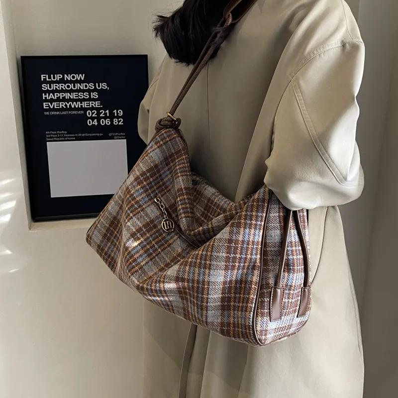 GOX Woolen Shoulder Bag, Crossbody Bag Women's Blue Plaid/Gray Plaid/Brown Plaid-10