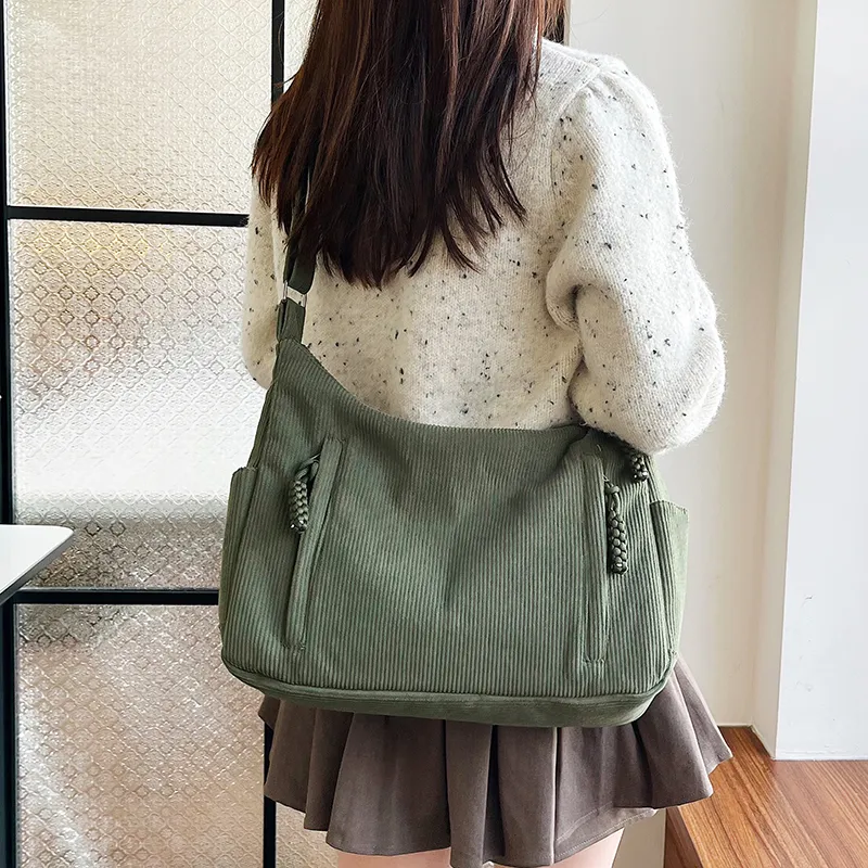 GOX Corduroy Shoulder Bag Regular Women's White/Black/Green/Khaki/Pink-11