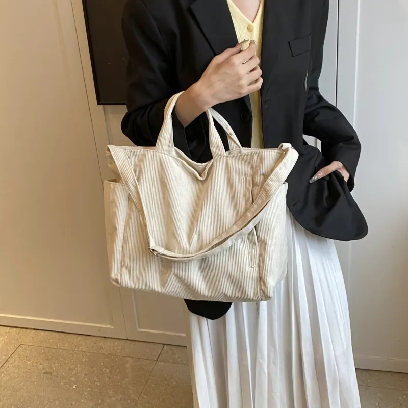 GOX Corduroy Tote Bag, Shopping Bag, Handbag, Shoulder Bag Women's White/Black/Jasper/Pink/Green-4