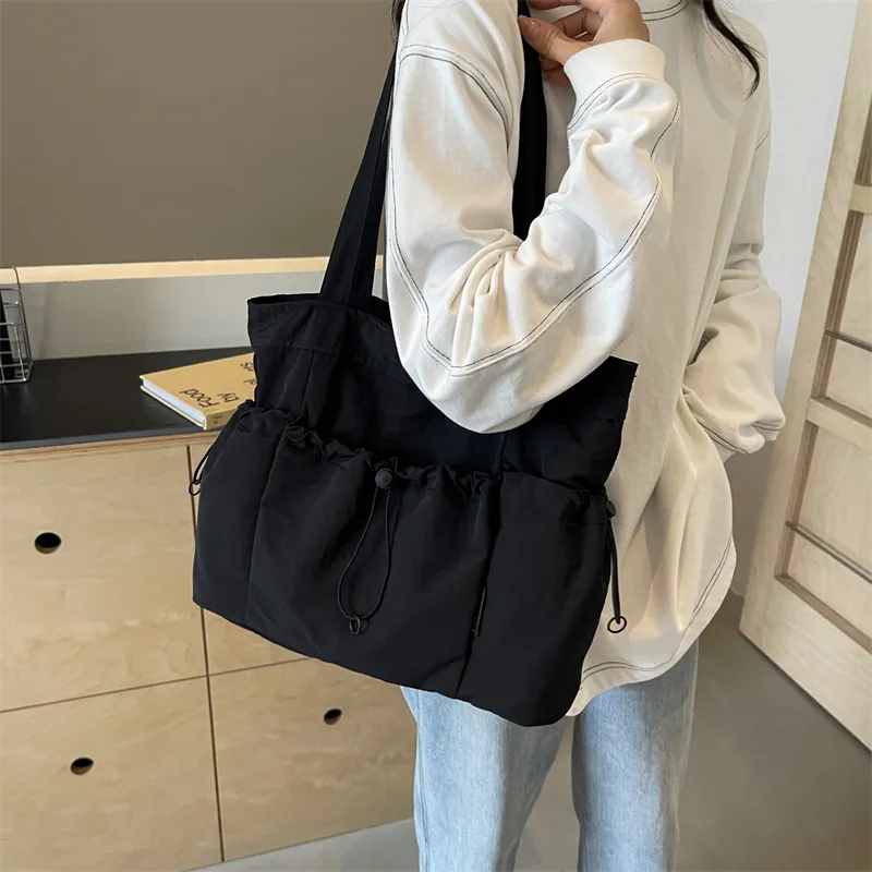 GOX Nylon Tote Bag, Shoulder Bag Regular Unisex Ecru/Black/Khaki/Green/Brown-6