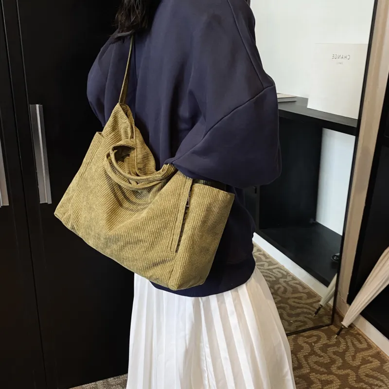 GOX Corduroy Tote Bag, Shopping Bag, Handbag, Shoulder Bag Women's White/Black/Jasper/Pink/Green-18